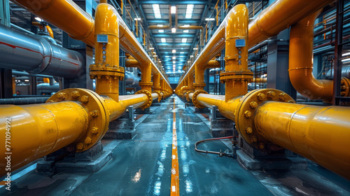 The cleanliness and order of a current industrial plant with a focus on the bright yellow piping system