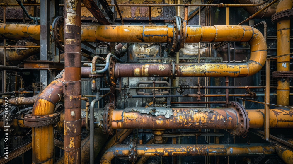 An enigmatic scene of decay with rusted pipes and worn structures, depicting time's relentless effect