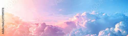 A panoramic shot of the sky exuding the feeling of wonder with its expansive pink and blue cotton candy clouds