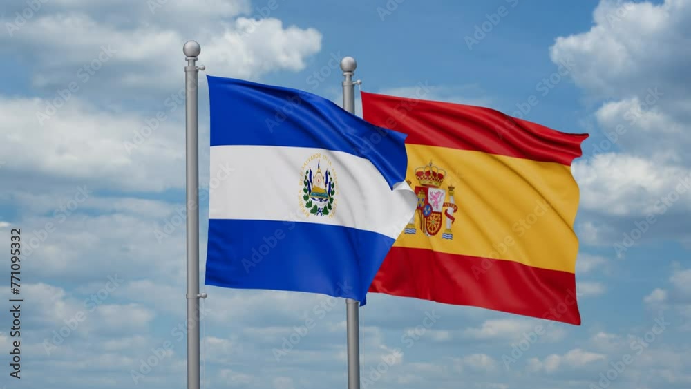 Spain and Salvador two flags waving together, looped video, two country cooperation concept Spain and Salvador two flags waving together, looped video, two country cooperation concept