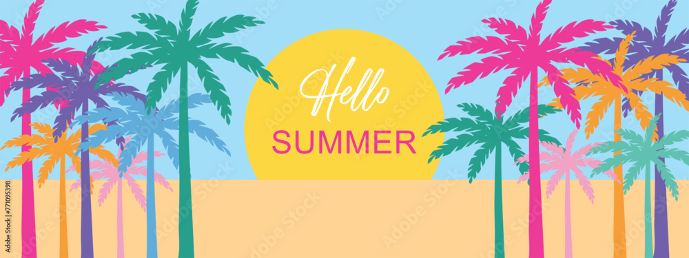 Hello summer. Bright banner with colored palm trees.