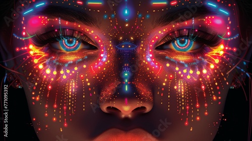 a portrait womans face, various colors on her neon face, Psychedelic 