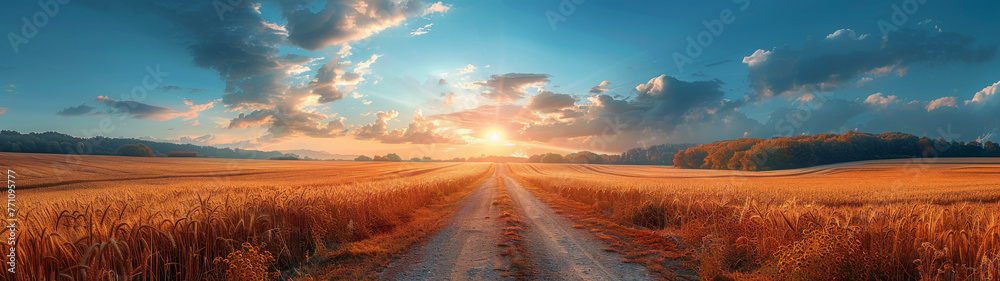 Captivating panorama of vibrant sunset skies above golden wheat fields, exuding calm and serenity