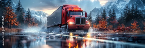 Trucking in rain: Red semi-truck transporting cargo