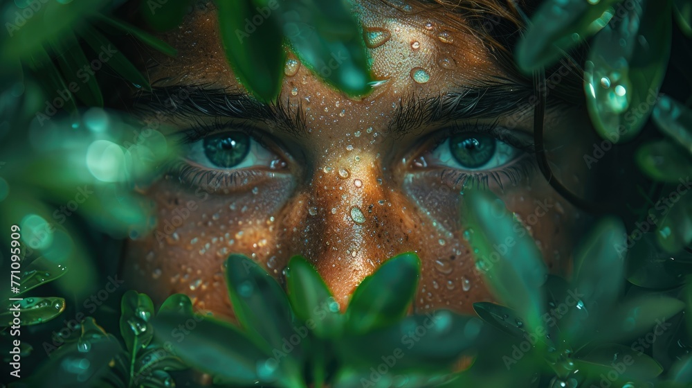Man's gaze peering through lush greenery, Concept of nature, mystery, and human connection to the environment
