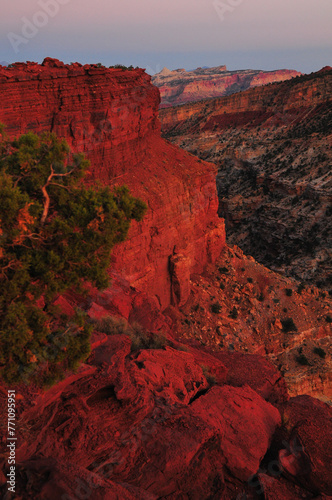 Twilight at the Gooseneck Point overlook, Capitol Reef National Park, Utah, Southwest USA.