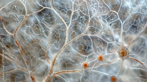 A microscopic view of the intricate rootlike structures of mycorrhizal fungi which form symbiotic relationships with plant roots aiding photo