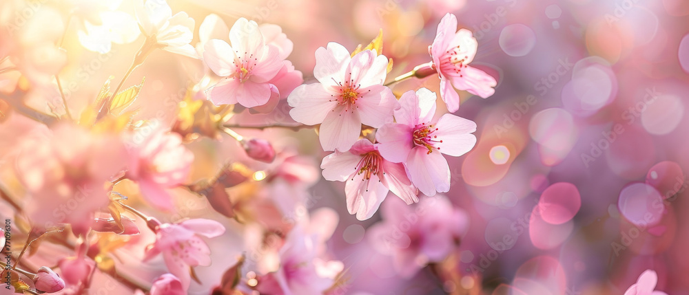 Delicate cherry blossoms bask in the soft morning light, with pastel colors and a gentle aura of peace