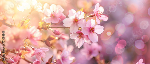 Delicate cherry blossoms bask in the soft morning light, with pastel colors and a gentle aura of peace