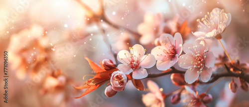 Sunlight peeking through the delicate cherry blossoms creates a radiant bokeh effect and a warm, welcoming atmosphere