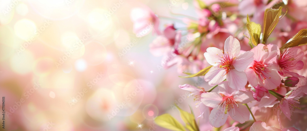 Cherry blossoms appear ethereal with the hint of sunlight flares, creating an otherworldly floral image