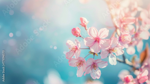 Warm pink cherry blossoms contrast beautifully against a cool  bokeh-dotted blue sky  symbolizing the joyful spirit of spring