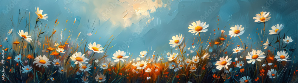 A digital art scene featuring a field of white daisies with a twilight sky casting a warm glow over the serene landscape