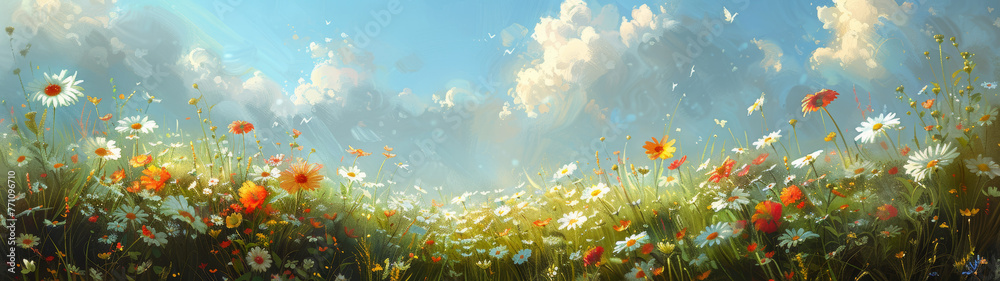 This digital artwork captures the essence of golden hour with sunlight filtering through clouds onto a field of wild red and white flowers