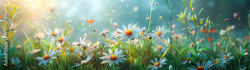 A field of white daisies illuminated by the soft golden rays of the early morning sun