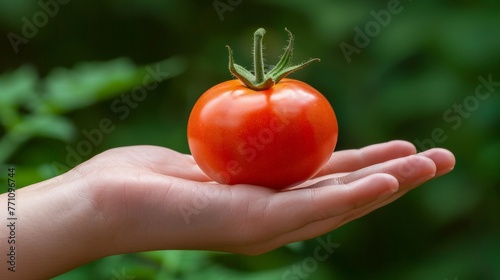 Hand holding ripe tomato with blurred background for tomato selection and copy space placement