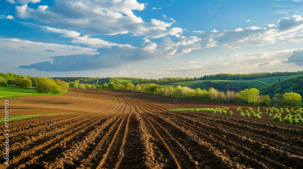 The scene displays a rich agricultural landscape bathed in the golden light of the evening with contrasting dark soil leading the eye towards a verdant horizon