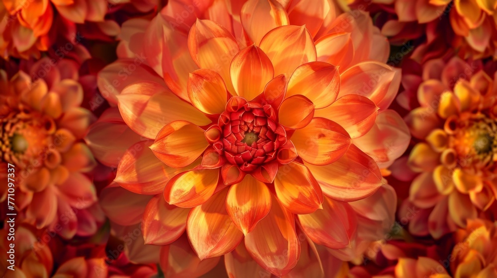A kaleidoscope of fiery Dahlia displays each more brilliant than the last. A kaleidoscope of fiery Dahlia displays each more brilliant than the last.