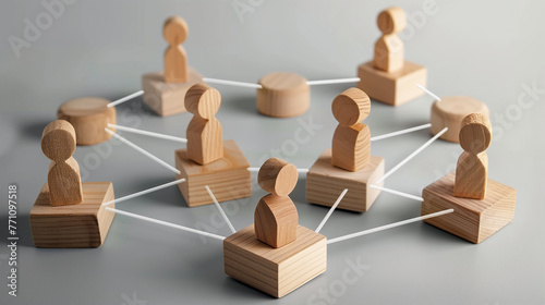 Title: "Interconnected Human Network" Art Description: A minimalist representation of interconnected wooden blocks and human icons, symbolizing the network and connections within a business environmen