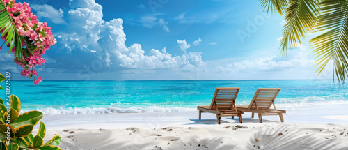 Vibrant scene with two sunbathing chairs on white sand framed by lush foliage and a stunning ocean horizon