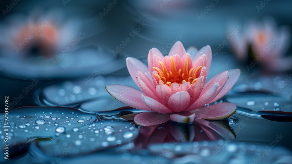 Delicate pink water lily with a golden center floating on a calm blue pond