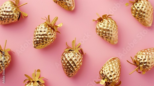 Pattern of golden metal strawberries on pink background. Creative minimal fruit concept. 