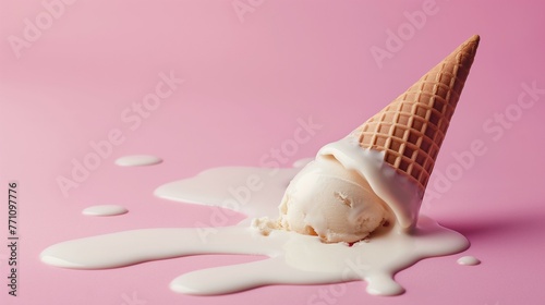 Dropped ice cream cone on a pink background. Minimal summer food concept.

 photo