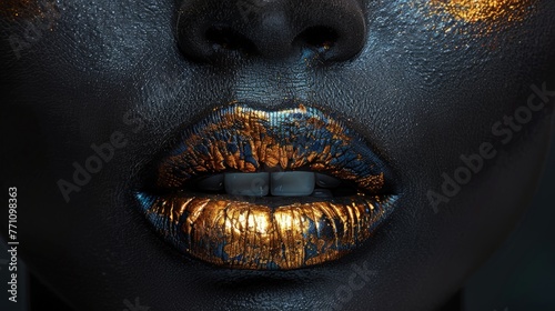 Close-up of golden lips on a black textured background, Concept of luxury, bold beauty, and abstract art 