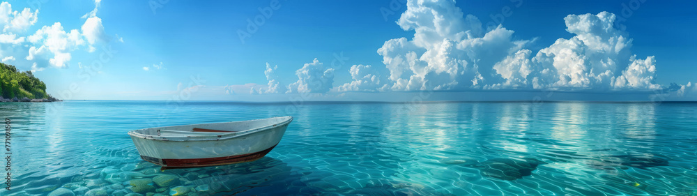 Peaceful scene with an empty rowboat on clear, calm waters under a sky filled with fluffy clouds Peaceful scene with an empty rowboat on clear, calm waters under a sky filled with fluffy clouds