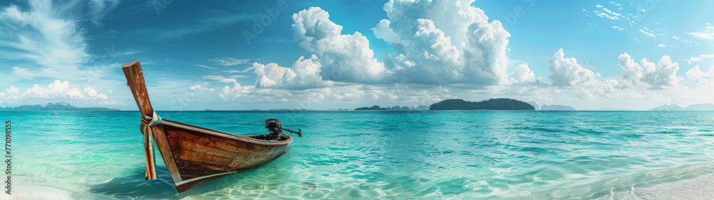 A calming seascape featuring a traditional Thai longtail boat moored on a serene and clear turquoise sea with fluffy clouds above