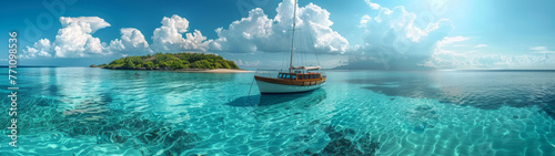 Wooden sailboat anchored near a small lush tropical island under a vibrant sky