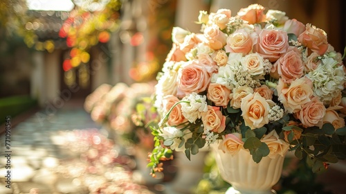 Elegant flower arrangement along a wedding aisle, Concept of matrimonial celebration, decor, and romantic ambiance 