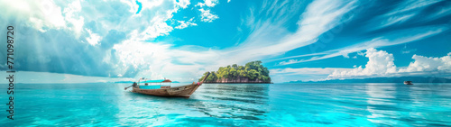 Dreamy panorama of a traditional boat under sunbeams piercing through the clouds, reflecting on a tranquil ocean photo