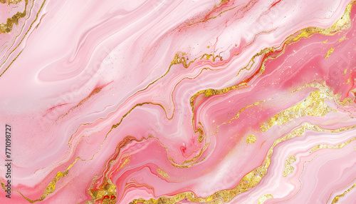 Glamorous Gold and Pink Marble: A visually stunning abstract surface with intricate gold and pink marble patterns, ideal for creating stylish backgrounds and digital art © Lila Patel