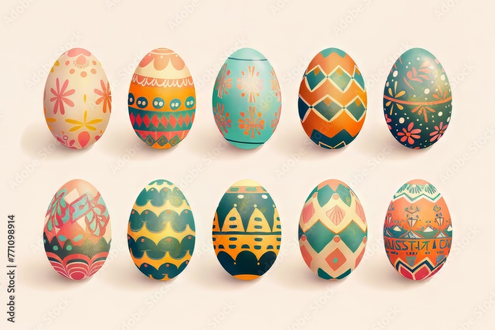 Vibrant illustrations of decorated Easter Eggs in various patterns and designs, Vibrant illustrations of decorated Easter Eggs in various patterns and designs,