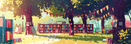 A charming scene of a colorful outdoor book fair under a canopy of trees and festive bunting on a sunny day