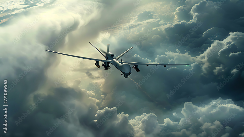 MQ-9 Reaper drone flying fast through the clouds, military technology concept MQ-9 Reaper drone flying fast through the clouds, military technology concept