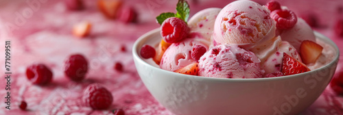 Closeup of strawberry ice cream topped with fresh strawberries and raspberries in a white bowl photo