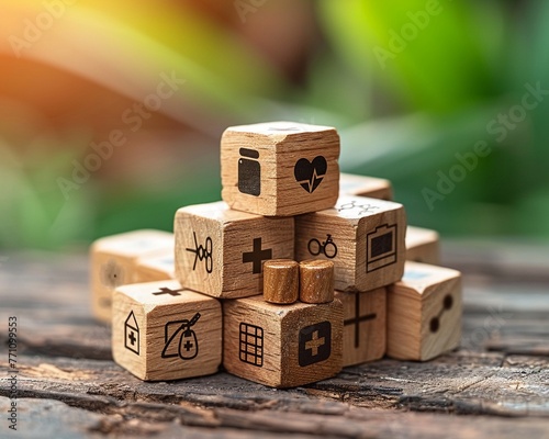 Visual representation of health insurance planning with wooden cubes and healthcare symbols emphasizing financial health,
