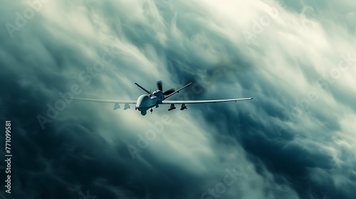 MQ-9 Reaper drone flying fast through the clouds, military technology concept