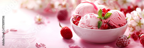 Pink berry ice cream scoops decorated with fresh raspberries and flowering branches on a pastel background photo