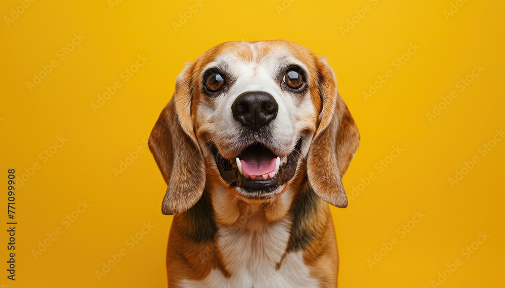 Cheerful Beagle Portrait: A delightful Beagle posing against a vibrant yellow backdrop, showcasing its friendly and playful demeanor - obrazy, fototapety, plakaty 