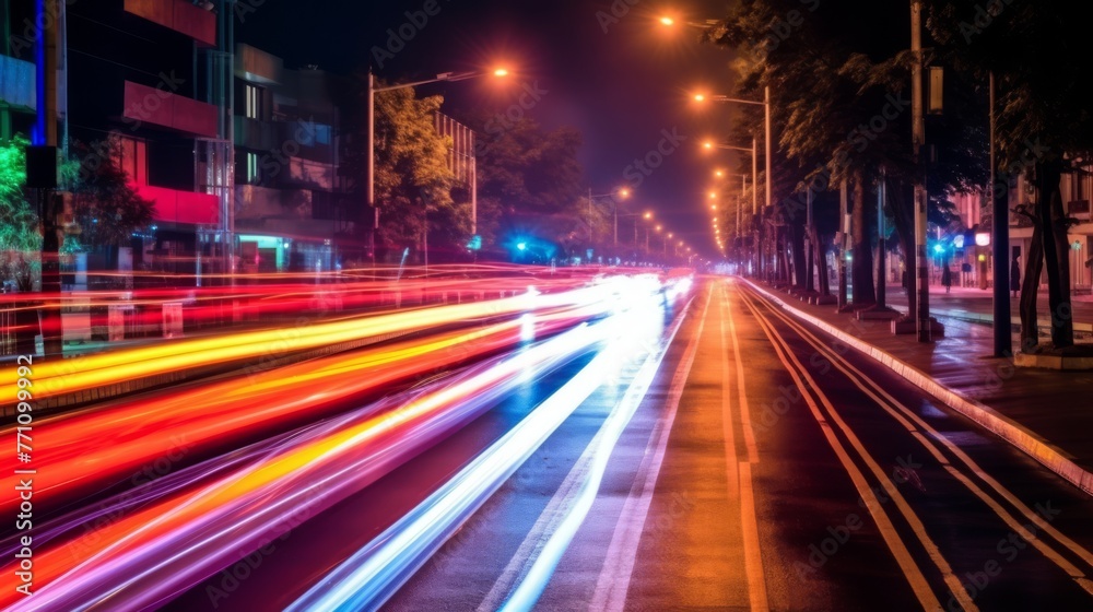 Obraz premium The light trails on the modern building background in city