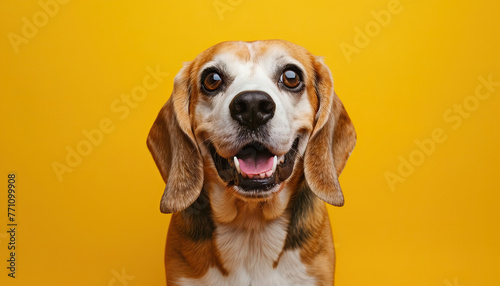 Cheerful Beagle Portrait: A delightful Beagle posing against a vibrant yellow backdrop, showcasing its friendly and playful demeanor photo