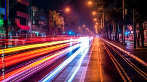 The light trails on the modern building background in city