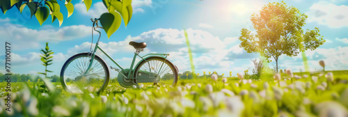 A classic bicycle with a saddle stands in a bright summer field with the sun shining through trees