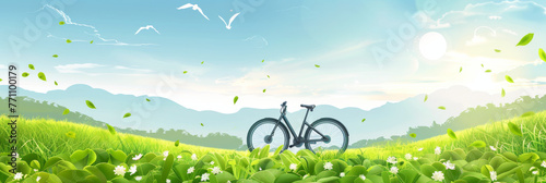 Digital art of a bicycle in a lush, green summer meadow under a clear sky