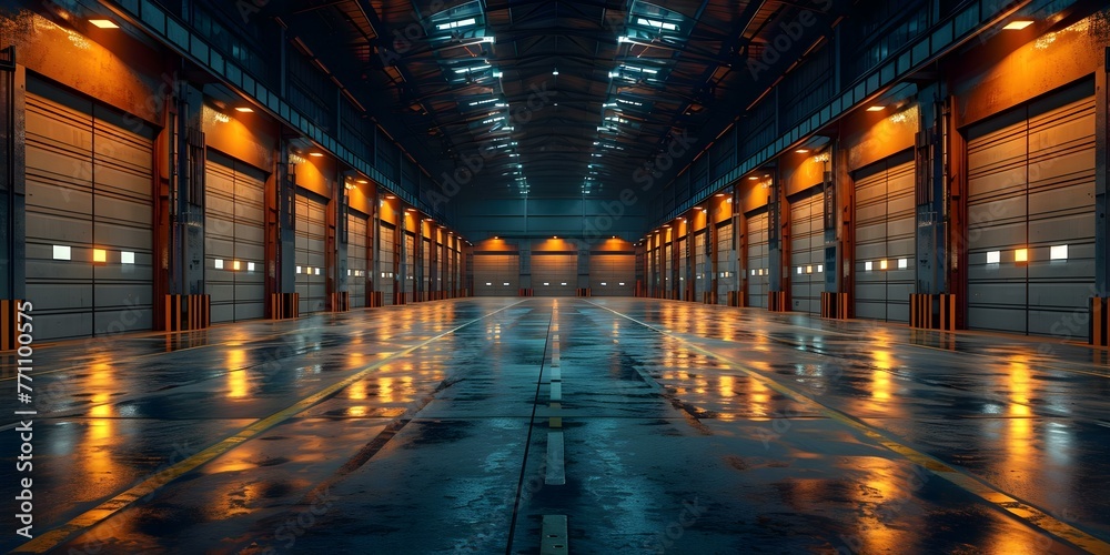 Industrial building interior with roller door and polished concrete floor in a factory warehouse or hangar. Concept Industrial Design, Factory Warehouse, Roller Door, Polished Concrete Floor