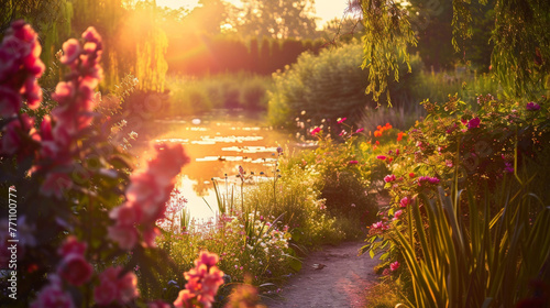 This enchanting image captures the warm sunset light bathing a serene garden full of vibrant flowers, with a pond in the background