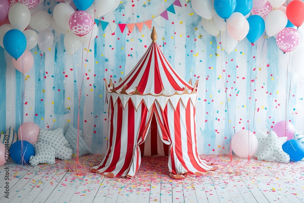 Naklejka premium Decorated circus tent with balloons and confetti for a fun birthday party